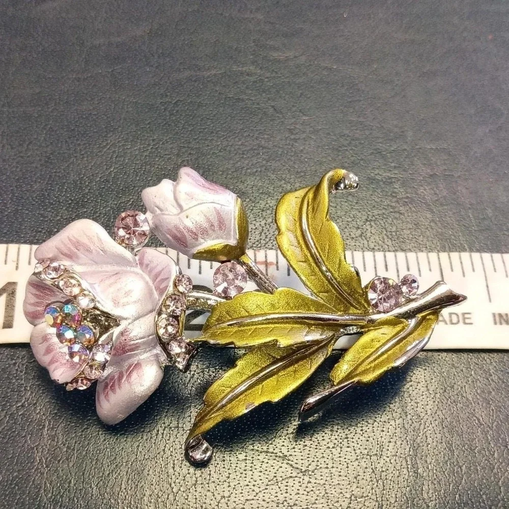 Pink, Green And Gold Floral Brooch With Rhinestone Acccents